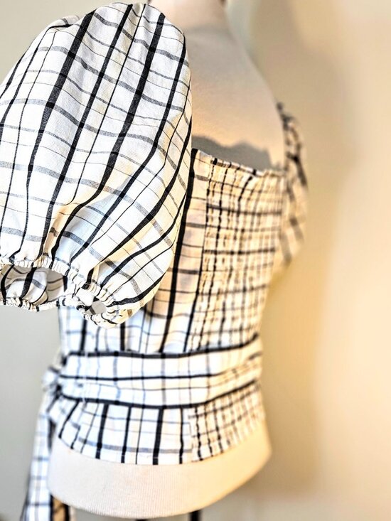 Levi's Vera Puff Sleeve Top Vera Blouse Sally Plaid Cloud Dancer Pattern Medium - Picture 6 of 11